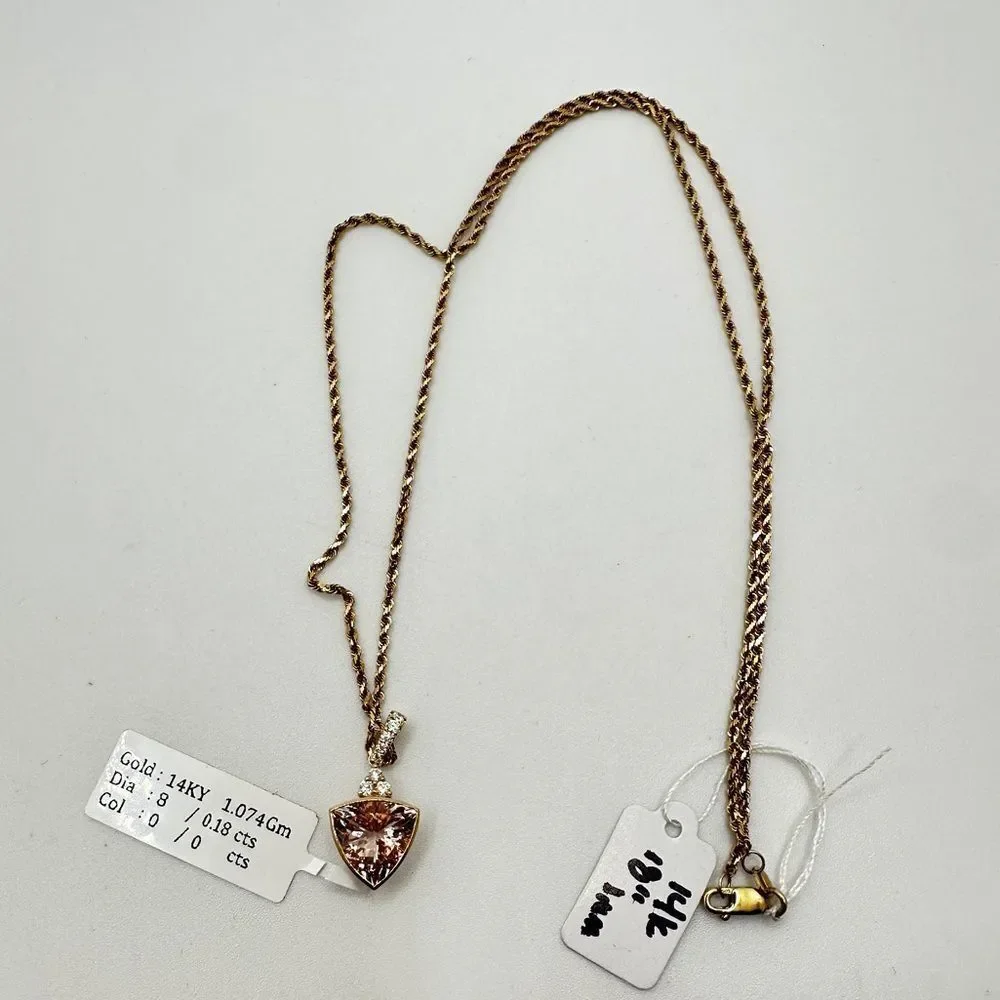 NWT 10mm trillion cut morganite w/ accent .18ct diamonds set in 14k YG necklace!